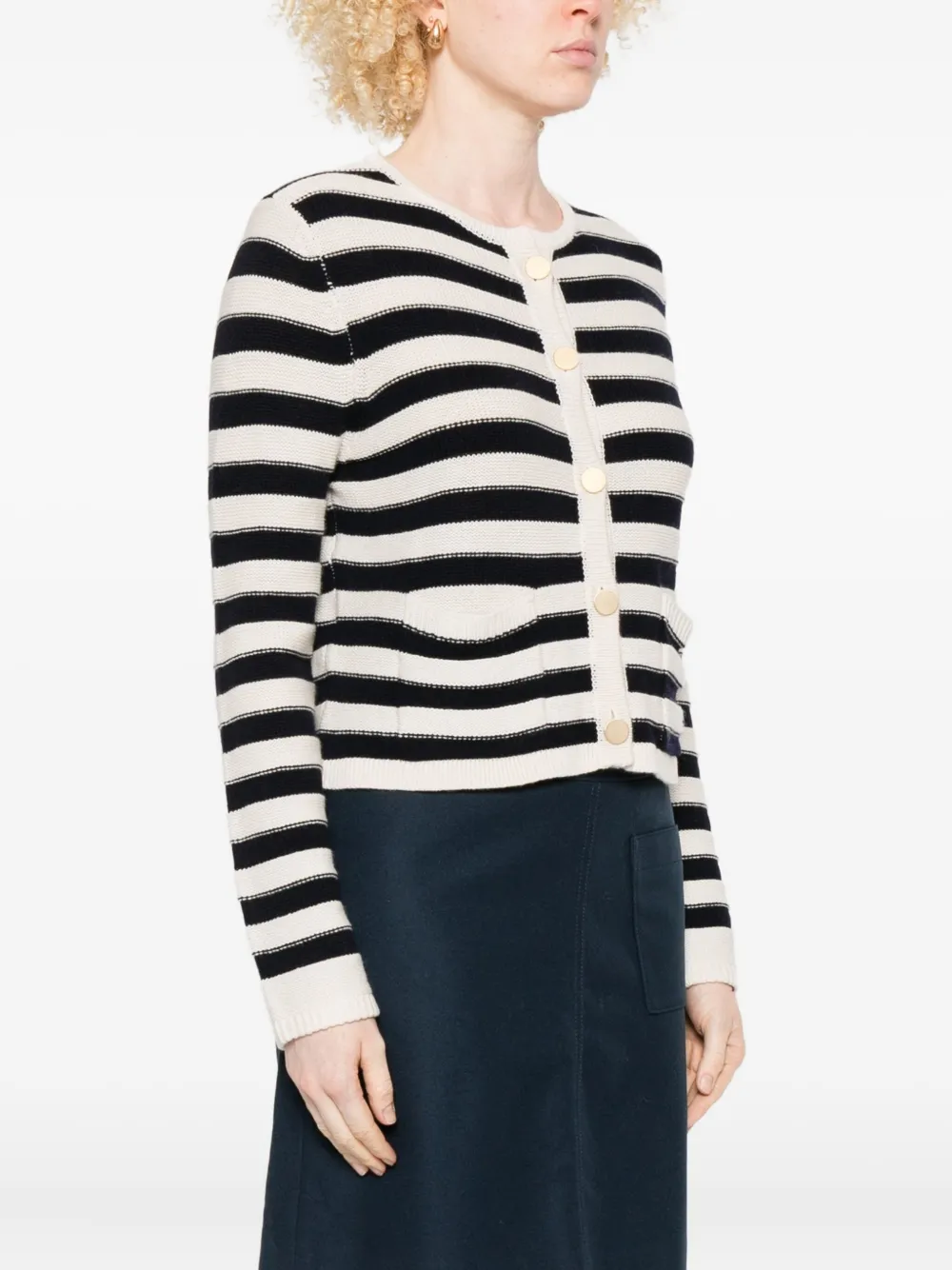 Allude Striped Button Cardigan In White