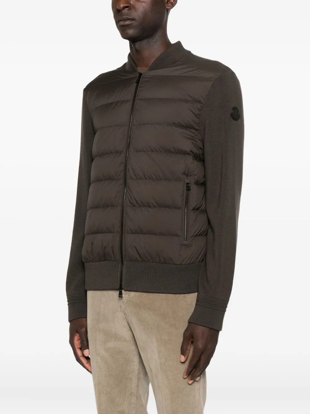 Moncler Cardigan With Padded Nylon Knit Sleeves Men In Brown