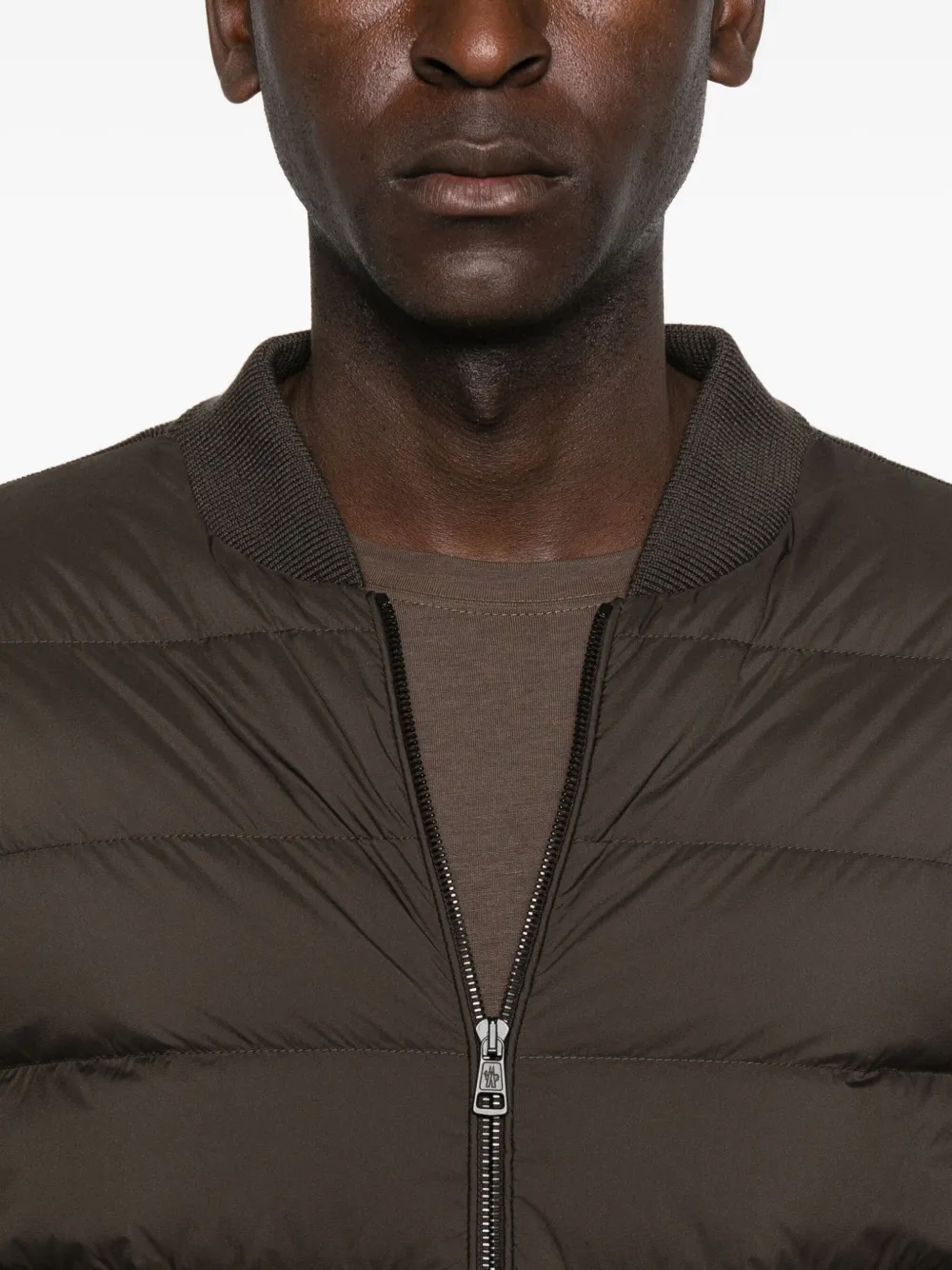 Moncler Cardigan With Padded Nylon Knit Sleeves Men In Brown