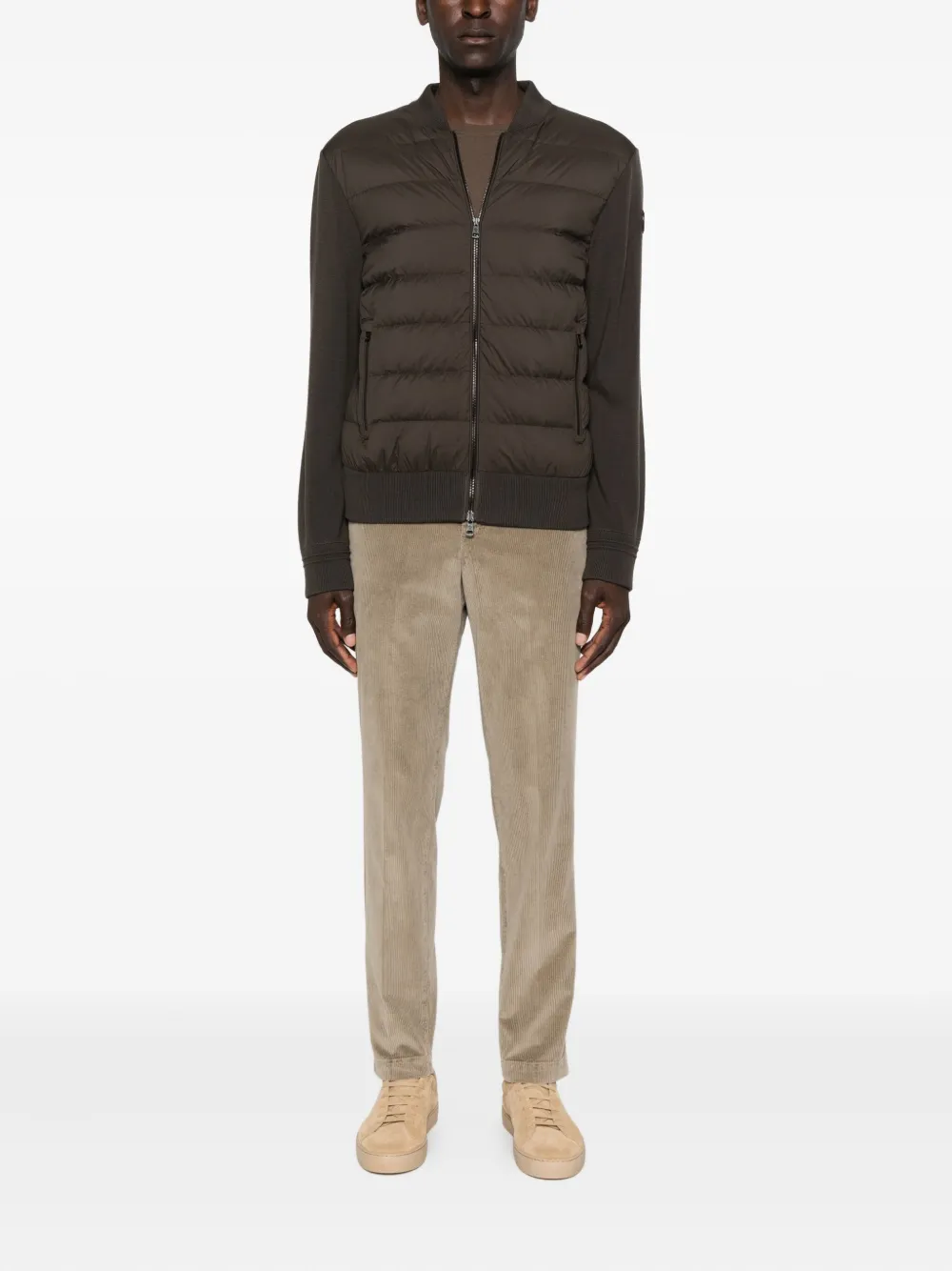 Moncler Cardigan With Padded Nylon Knit Sleeves Men In Brown