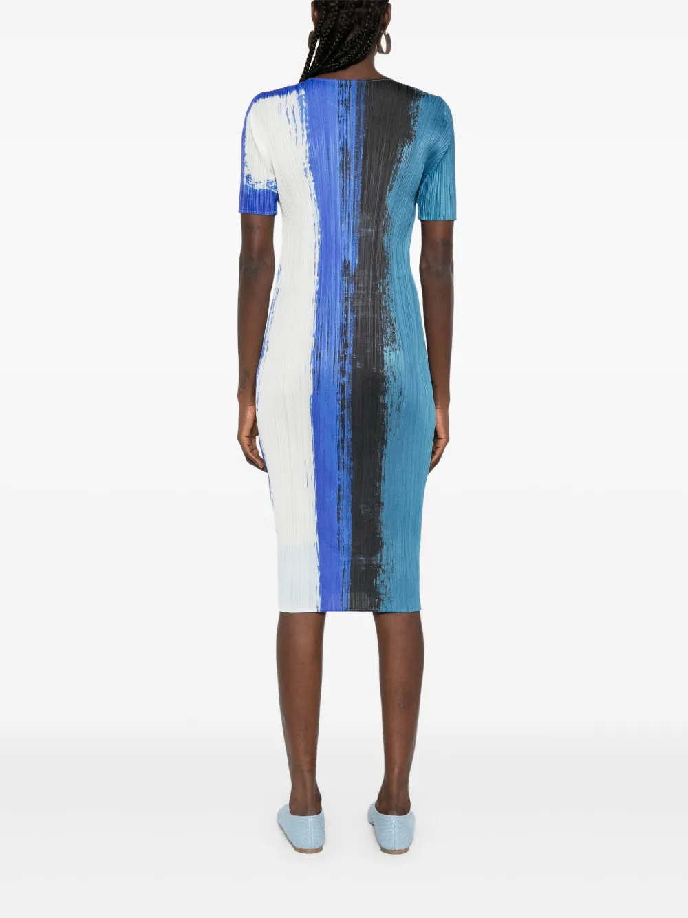 Issey Miyake Jump Pleated Paint-effect Midi Dress In Blue