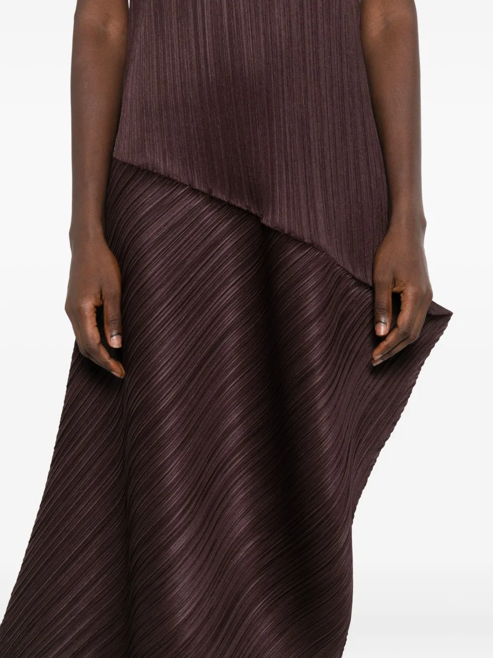 Issey Miyake Leap Pleated Asymmetric Midi Dress In Brown