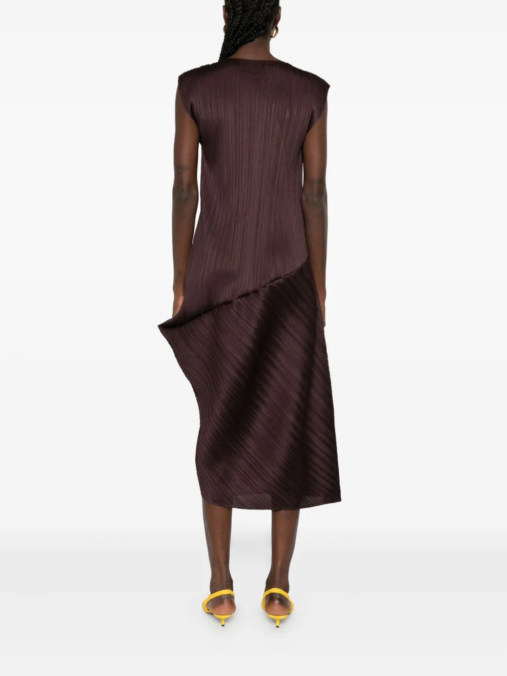Issey Miyake Leap Pleated Asymmetric Midi Dress In Brown