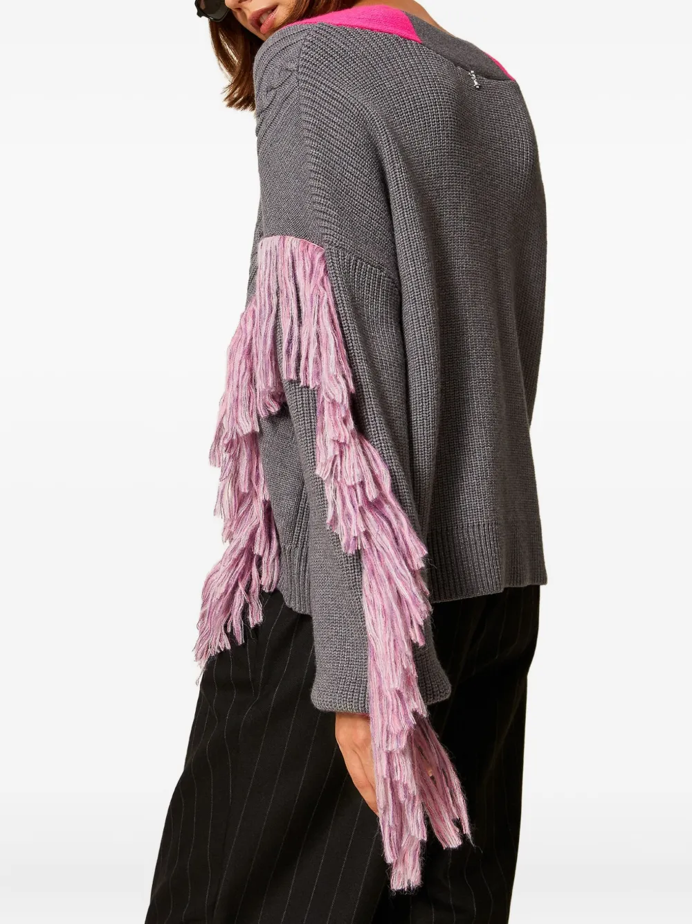 TWINSET Myfo kabelgebreide trui met franje Grijs