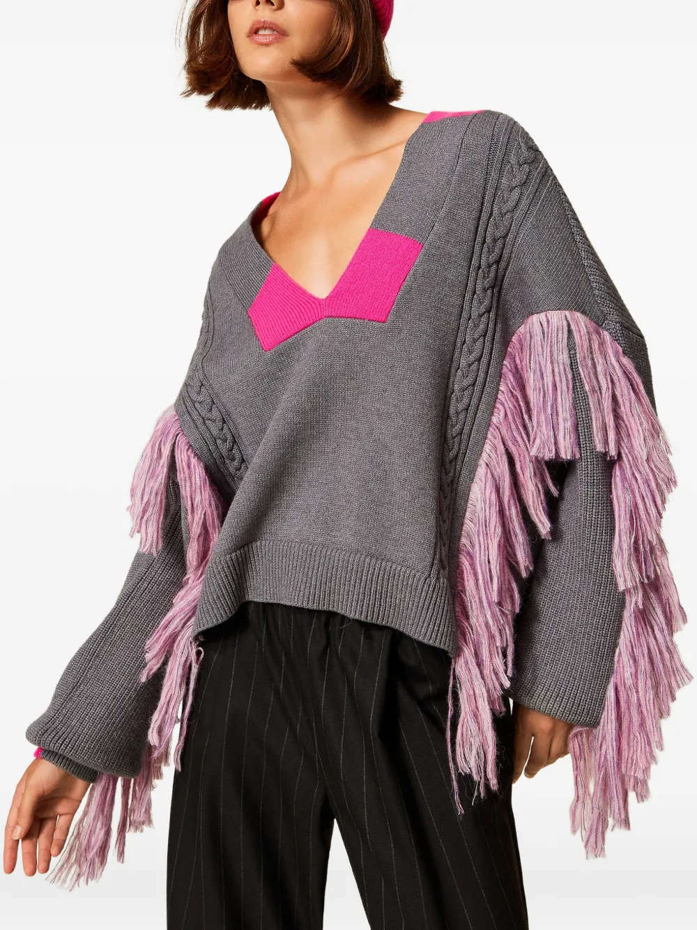 TWINSET Myfo kabelgebreide trui met franje Grijs