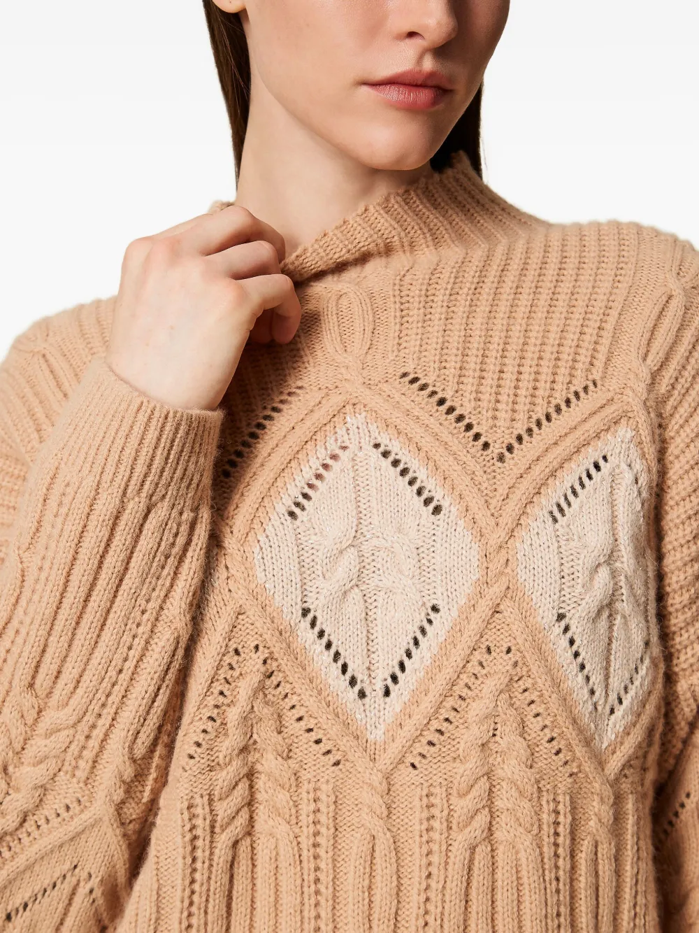Twinset Cable-knit Intarsia Jumper In Brown