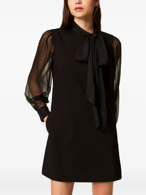 Twinset Bow-neck Sheer-sleeve Mini Dress - Black
