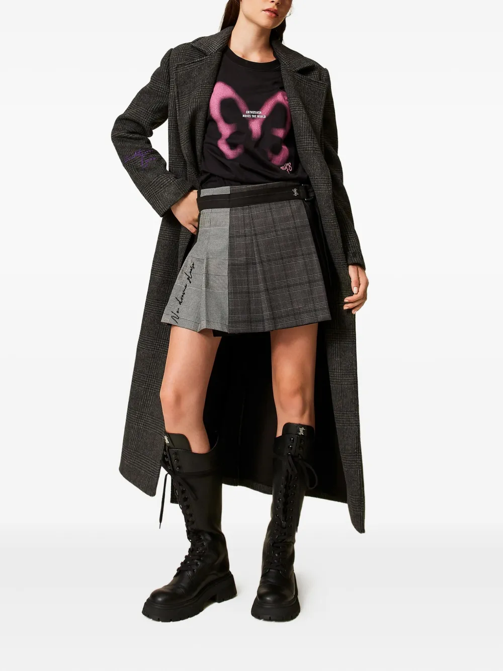 TWINSET Geruite jas met ceintuur Zwart