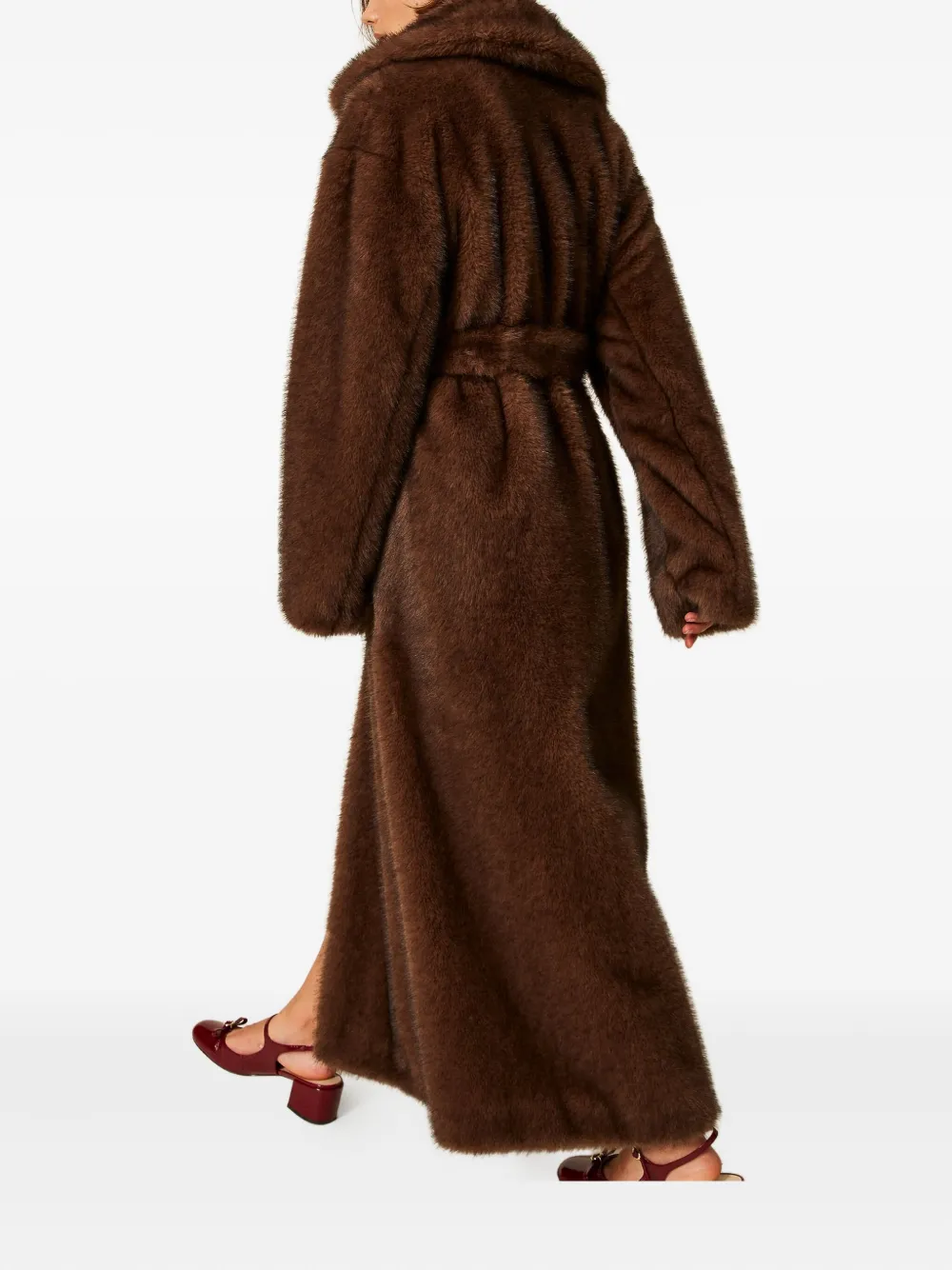 Twinset Belted Faux-fur Coat In Brown
