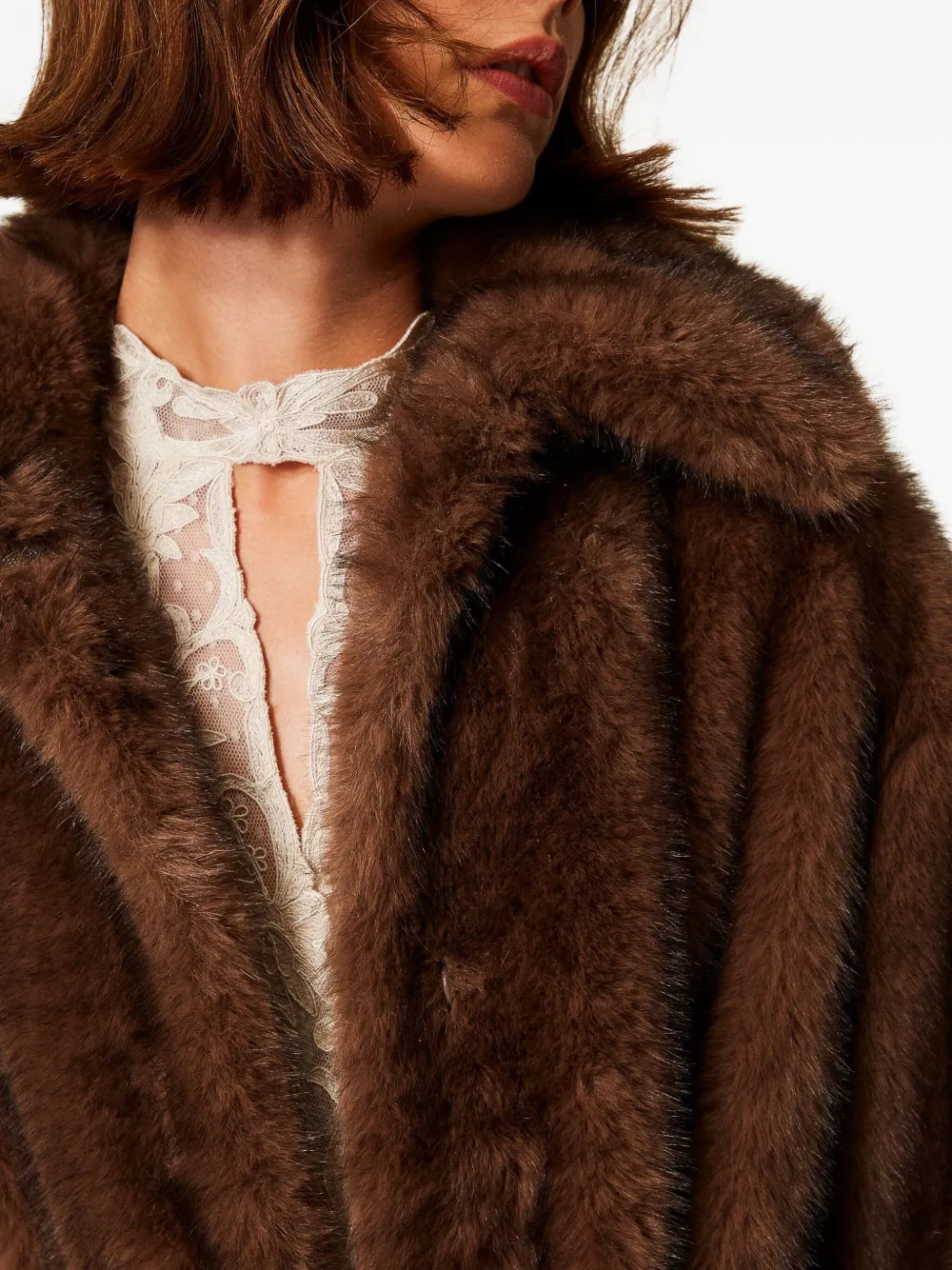 Twinset Belted Faux-fur Coat In Brown