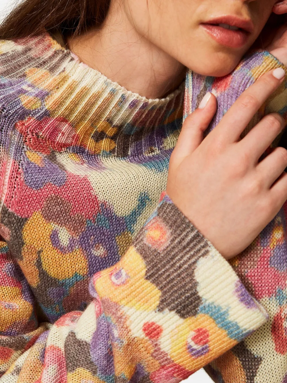 Twinset Multicolored Floral Patterned Sweater With Ribbed Crew Neckline In Multi