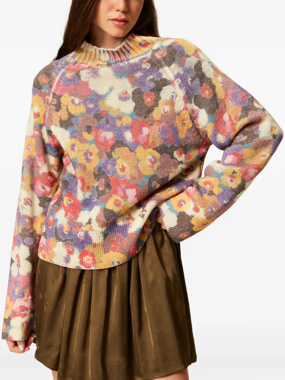 Twinset Multicolored Floral Patterned Sweater With Ribbed Crew Neckline In Multi
