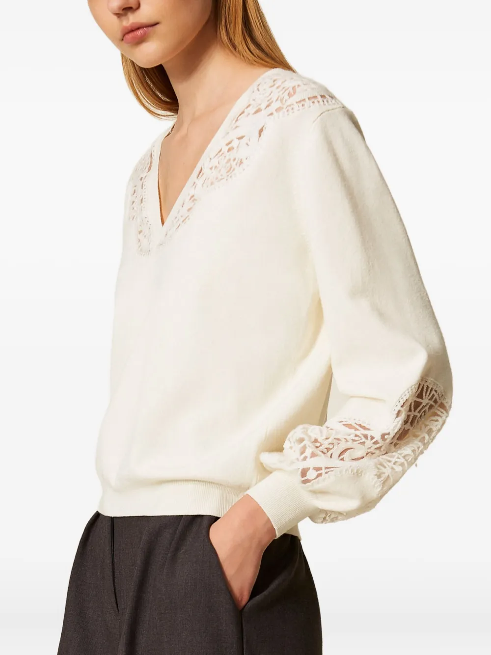 Twinset Embroidered V-neck Sweater In White