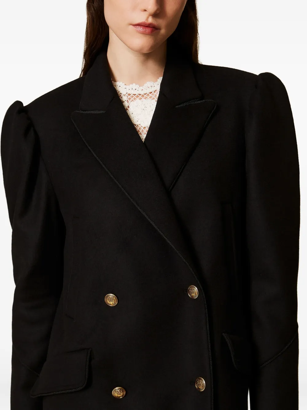 Twinset Puff-sleeve Buttoned Coat In Black