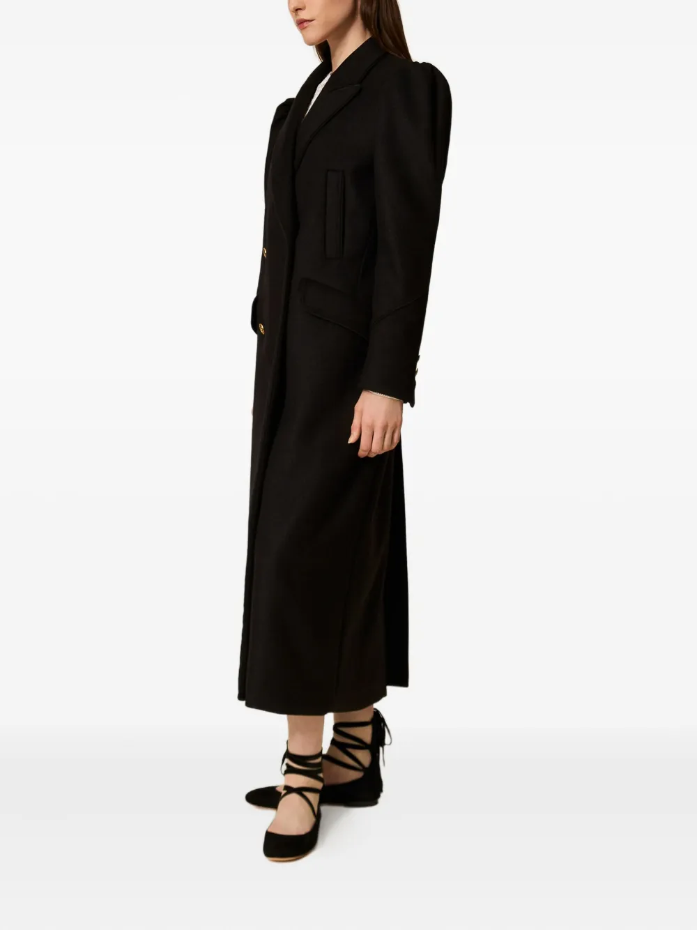 Twinset Puff-sleeve Buttoned Coat In Black
