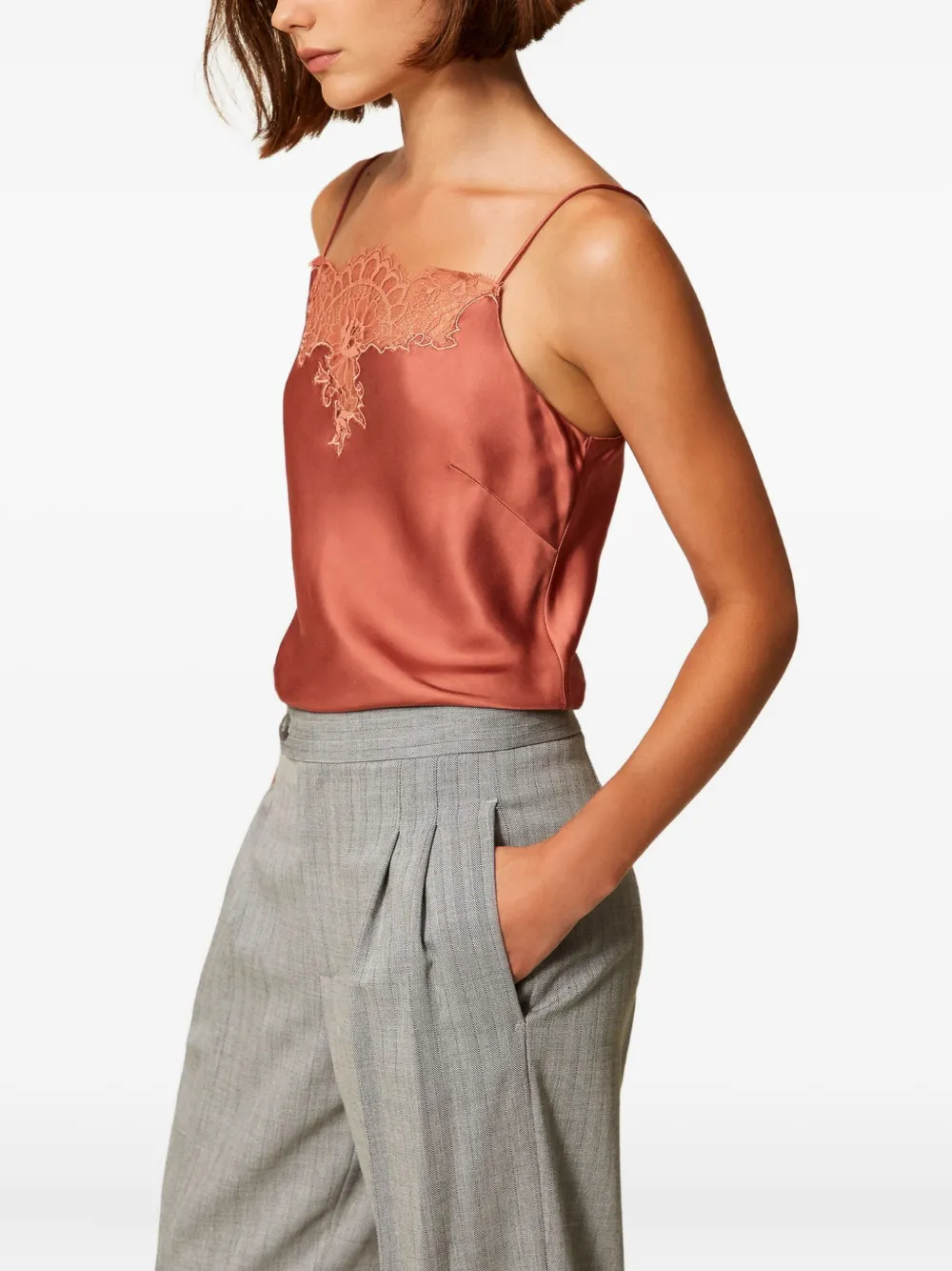 TWINSET lace-trimmed satin top - Bruin