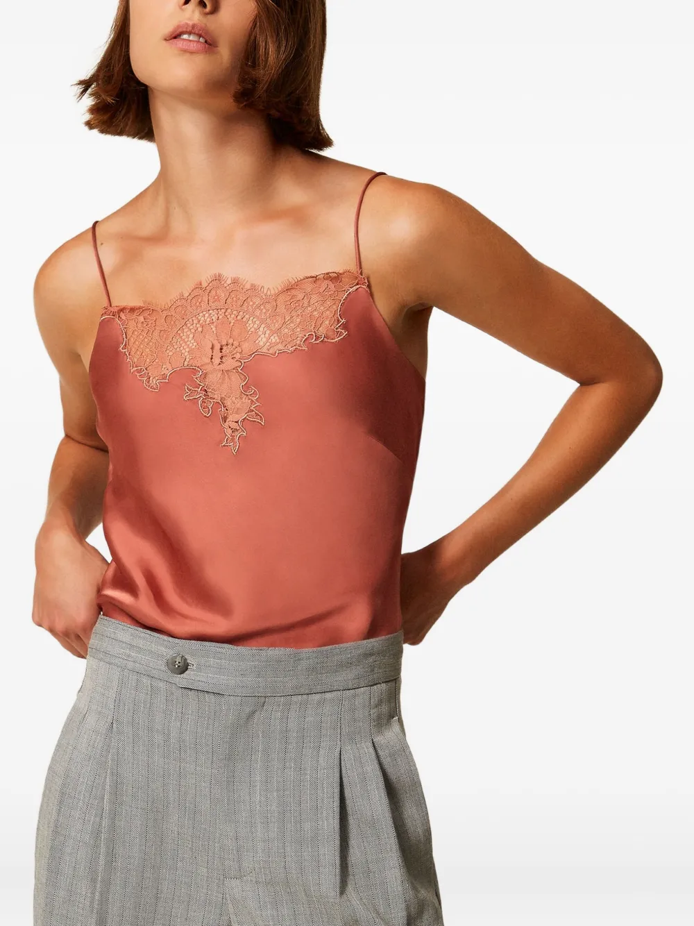 TWINSET Satijnen top met afwerking van kant Roze