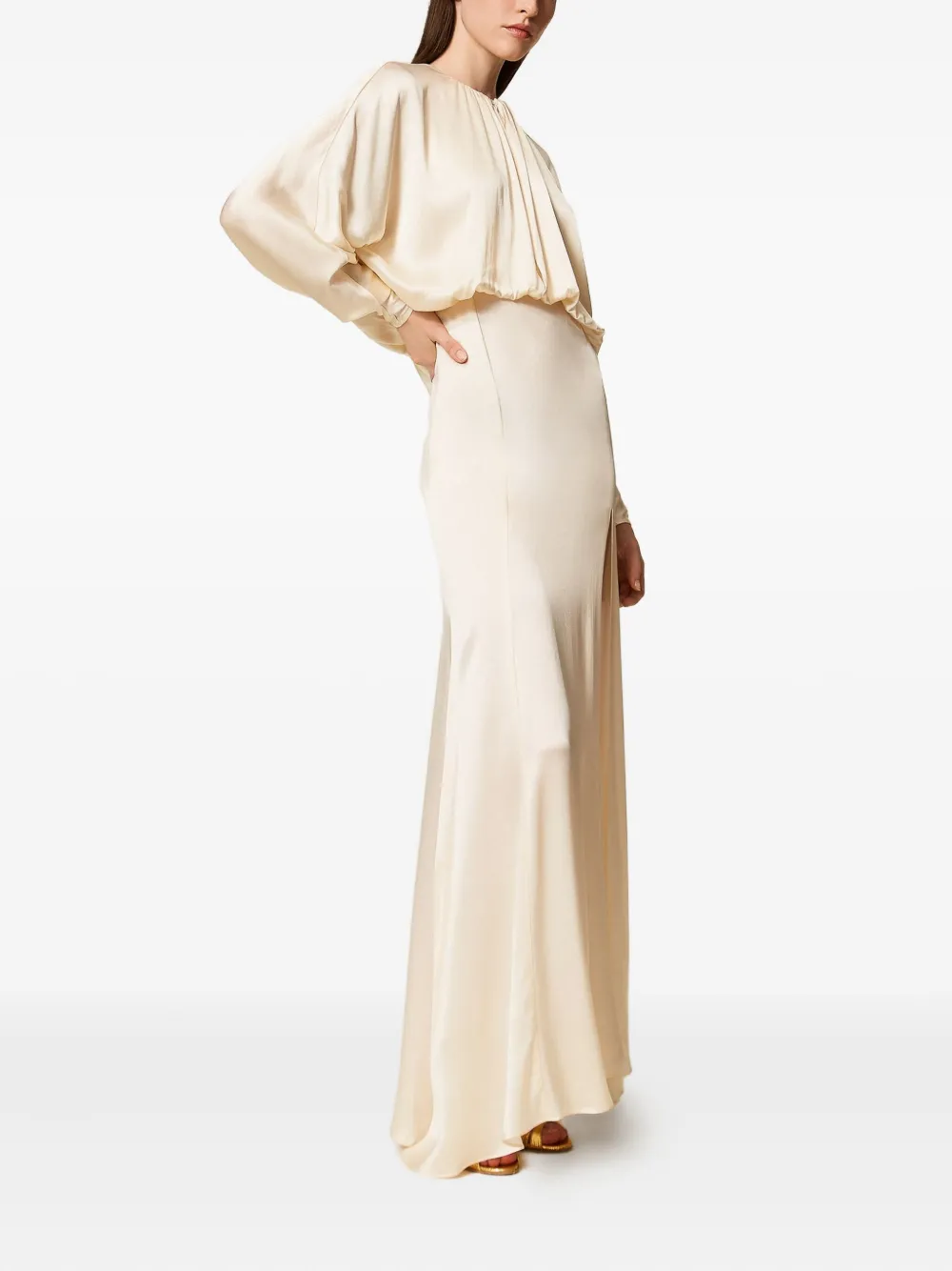 Twinset Gathered-bodice Satin Dress In Neutral