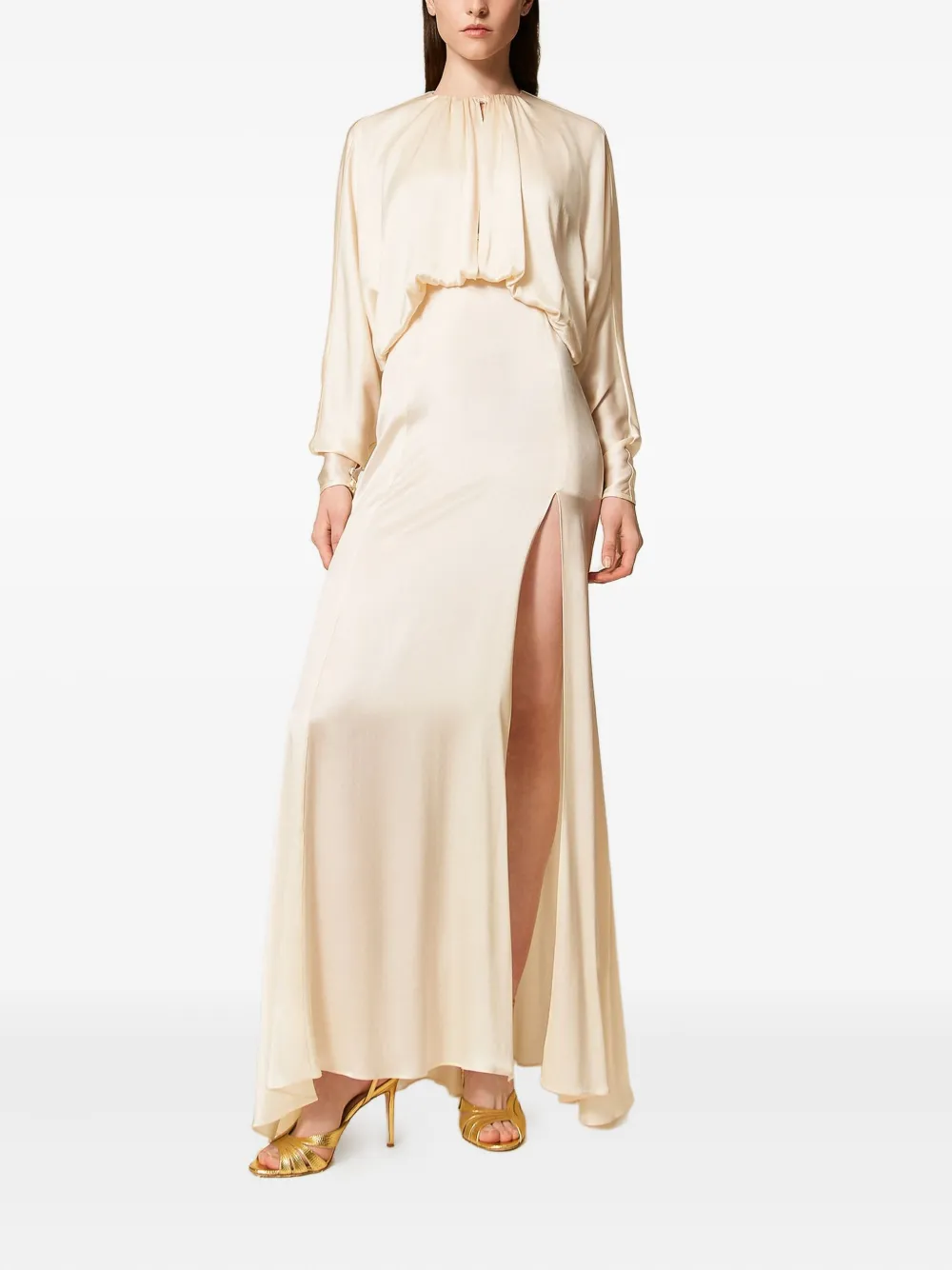 TWINSET Satijnen jurk met gesmockt lijfje - Beige