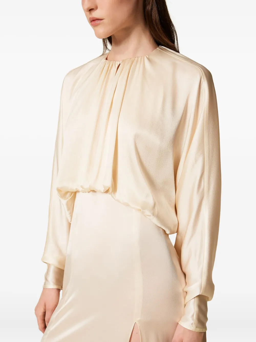 Twinset Gathered-bodice Satin Dress In Neutral