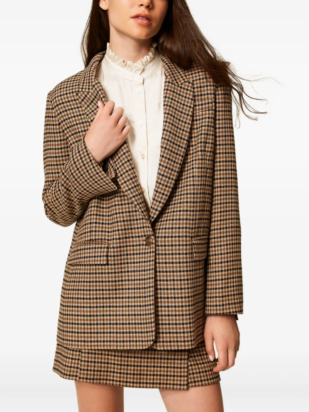 Twinset Checked-print Single-breasted Blazer In Brown
