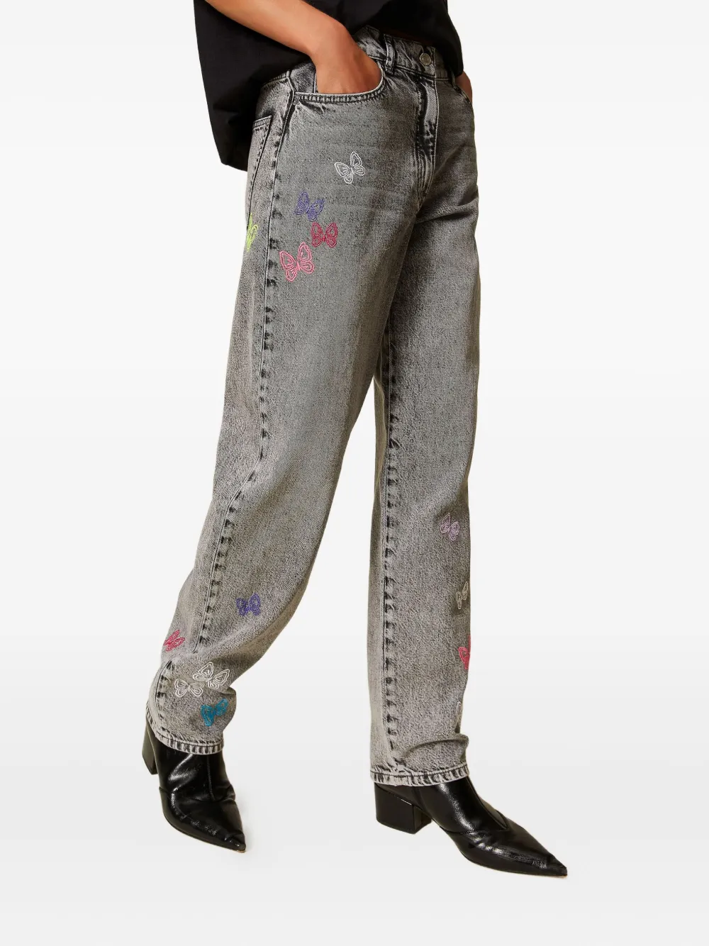 Twinset Myfo Embroidered Barrel Jeans In Gray