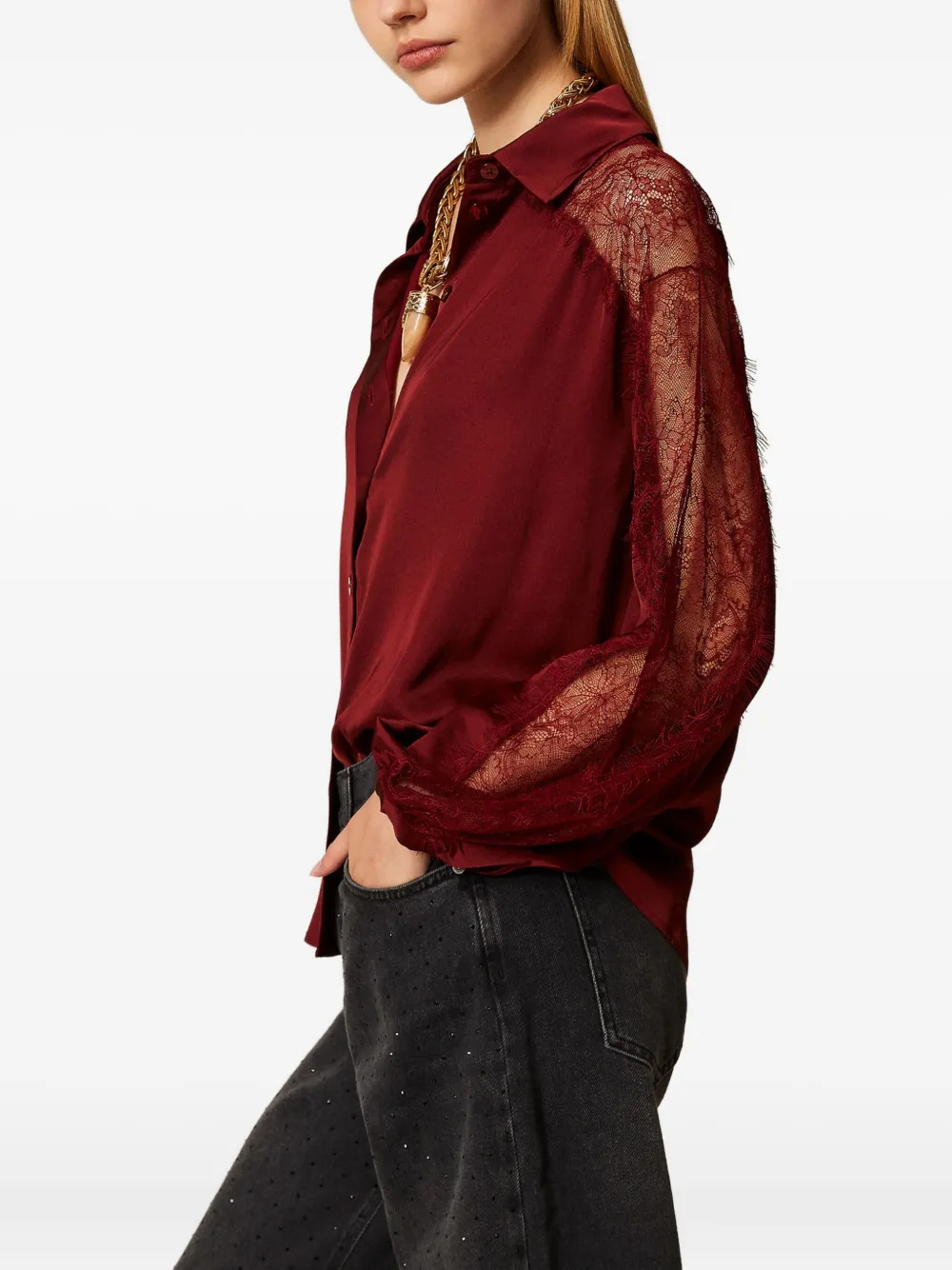 Twinset Lace-detail Shirt In Brown