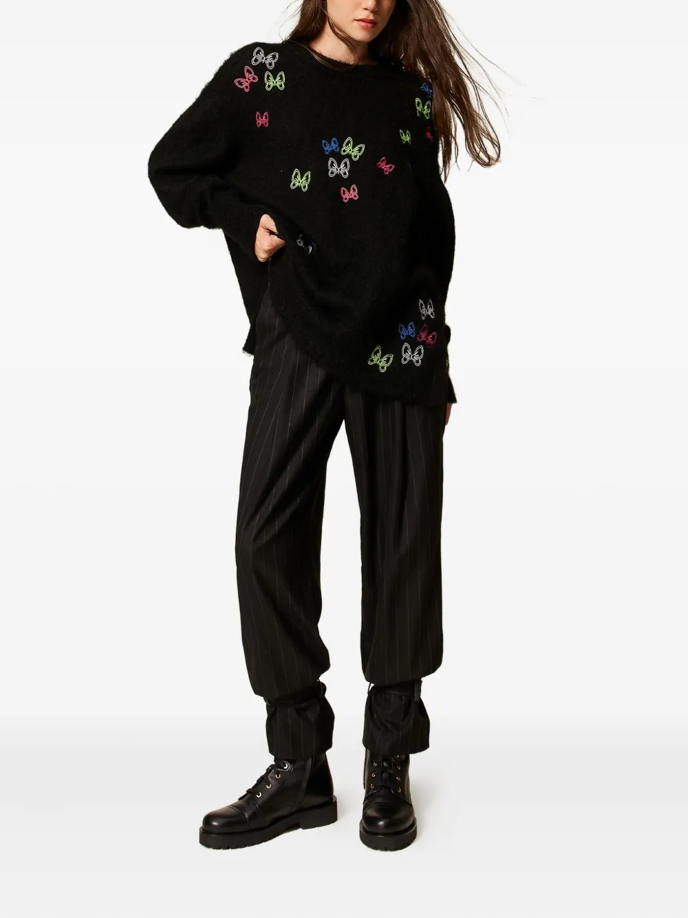 TWINSET Broek met krijtstreep en manchetten - Zwart
