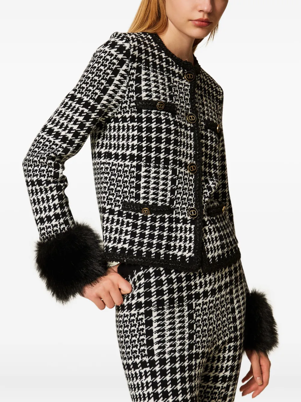Twinset Checked Faux Fur-trim Jacket In Black