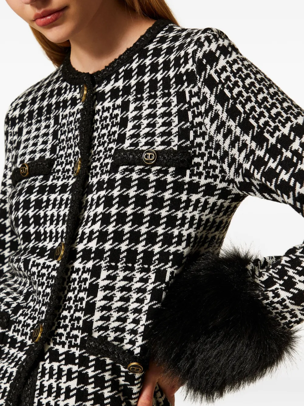 Twinset Checked Faux Fur-trim Jacket In Black