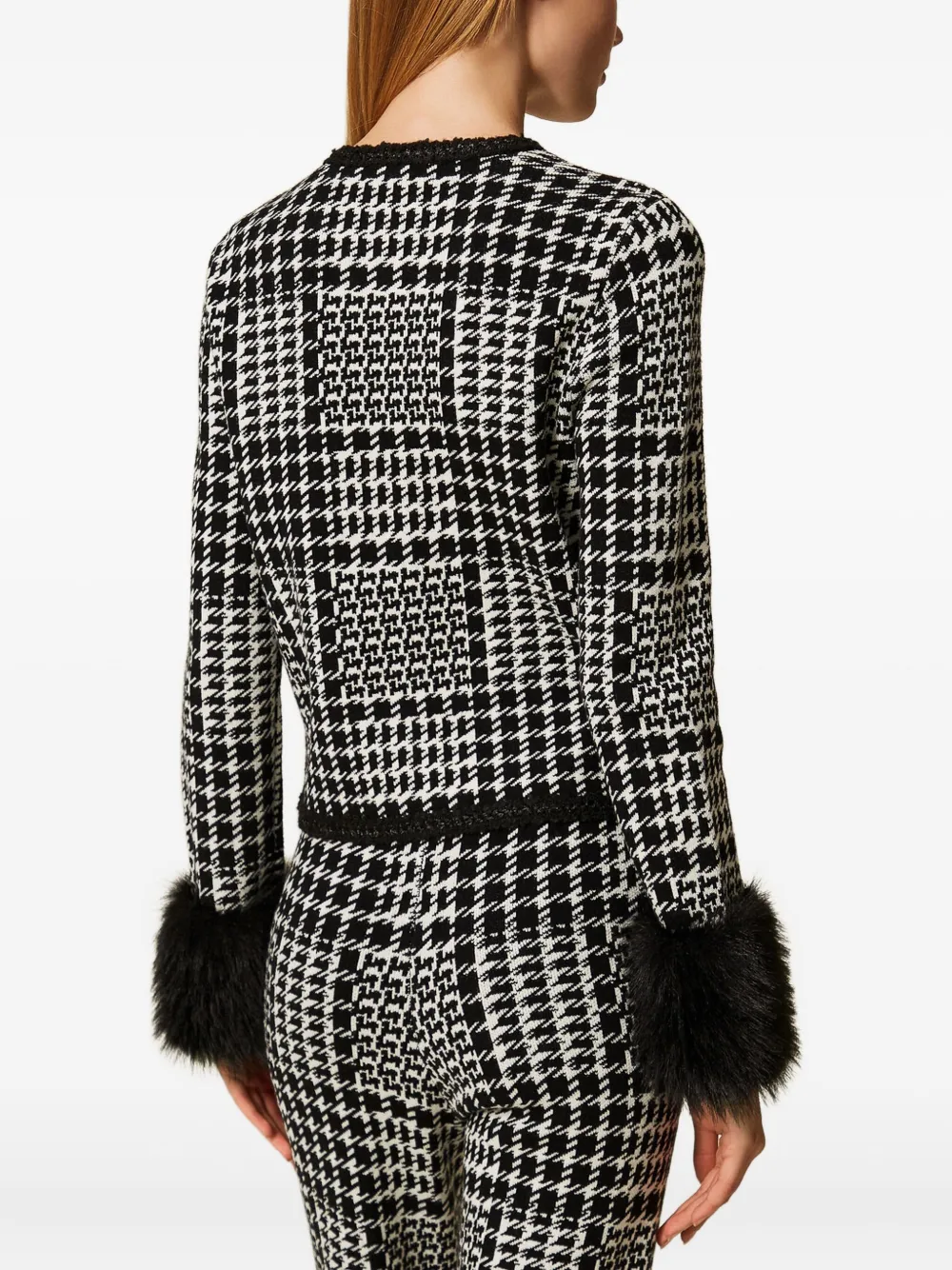 Twinset Checked Faux Fur-trim Jacket In Black