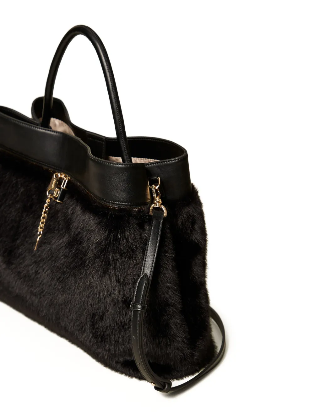 TWINSET Leren shopper met afwerking van bont Zwart