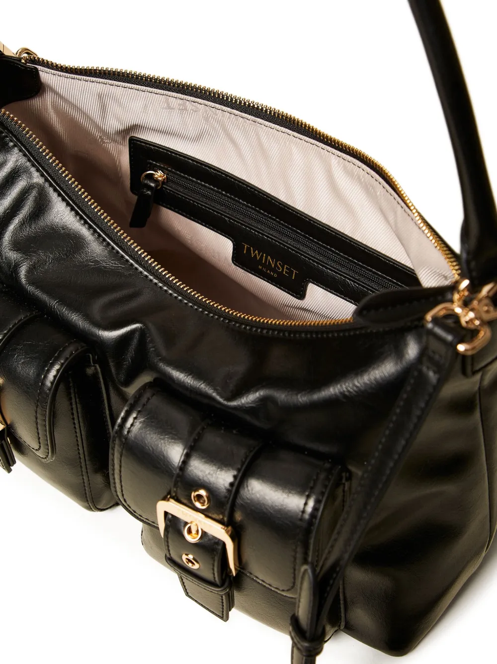 Twinset Pocket-embellished Buckle-detail Shoulder Bag In Black