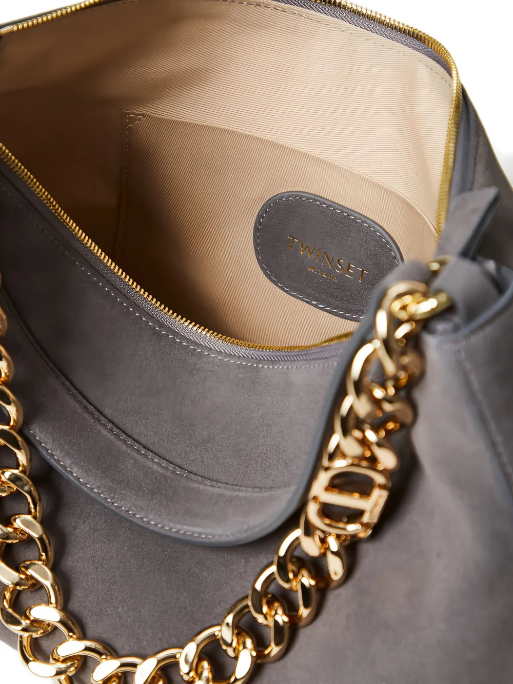 Twinset Chain-embellished Suede Shoulder Bag In Brown