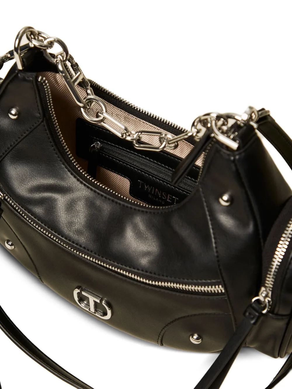 Twinset Chain-trimmed Pocket-embellished Shoulder Bag In Black