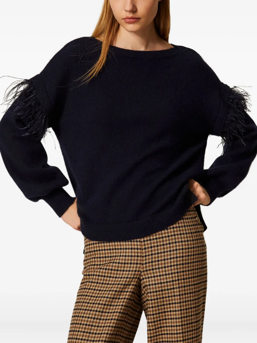 Twinset Feather-trim Sweater In Black