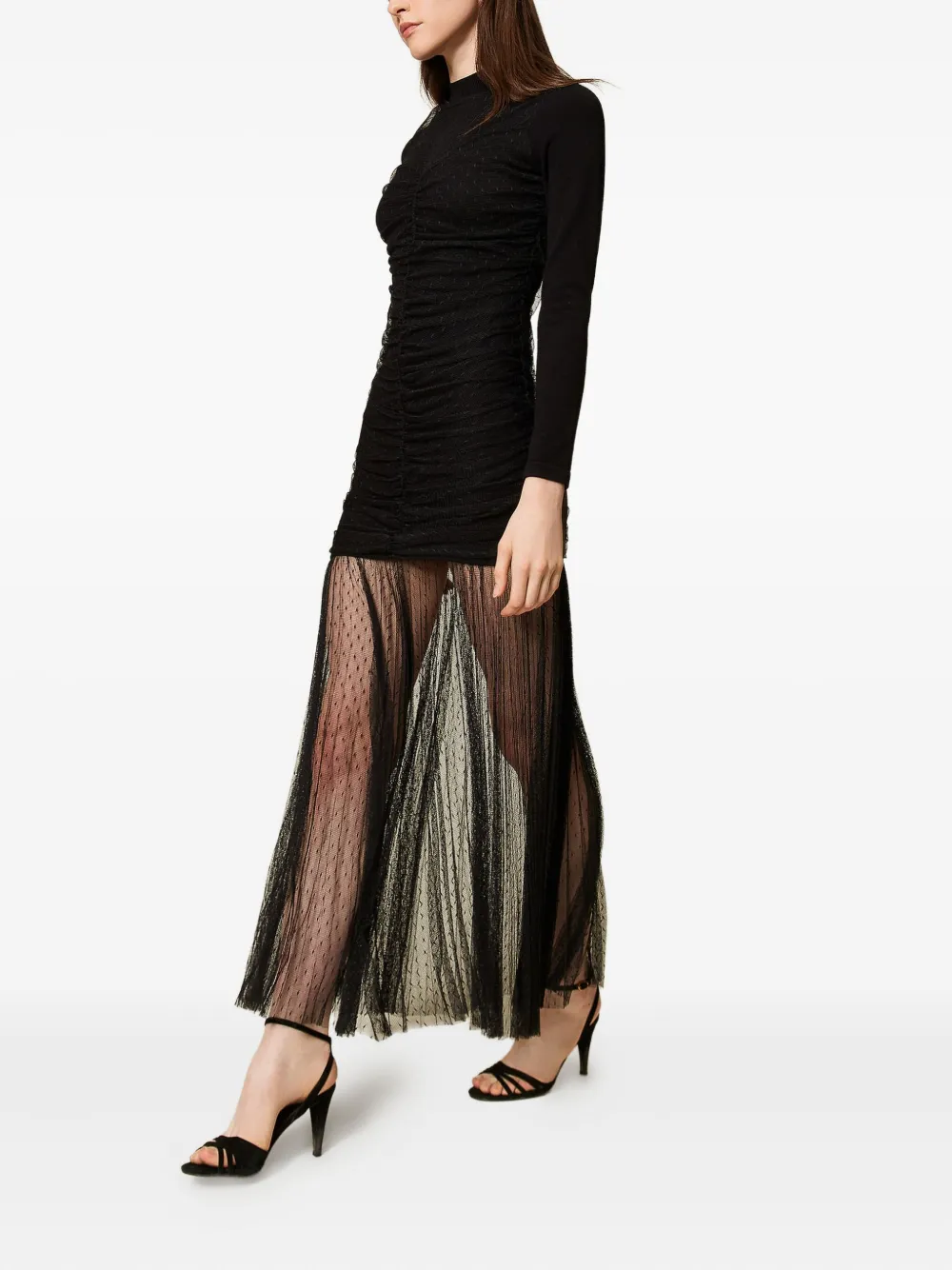 Twinset Robe Longue En Maille Et Tulle In Black