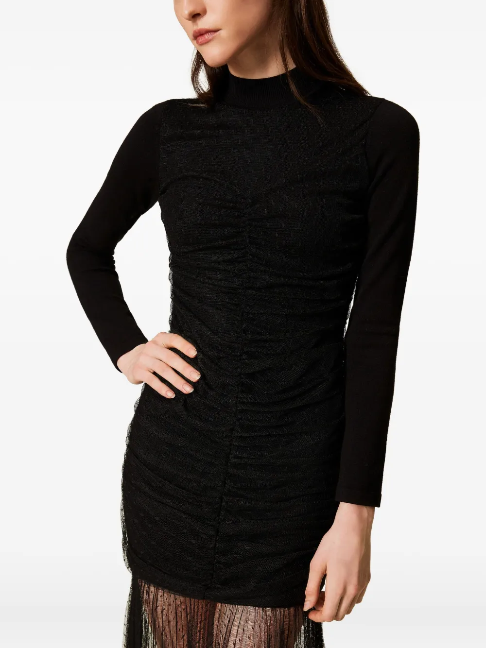 Twinset Robe Longue En Maille Et Tulle In Black