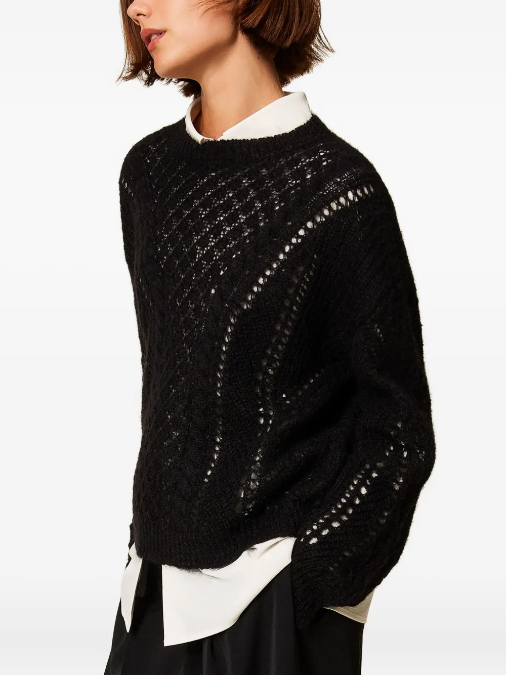 Twinset Openwork Wool-blend Sweater In Black