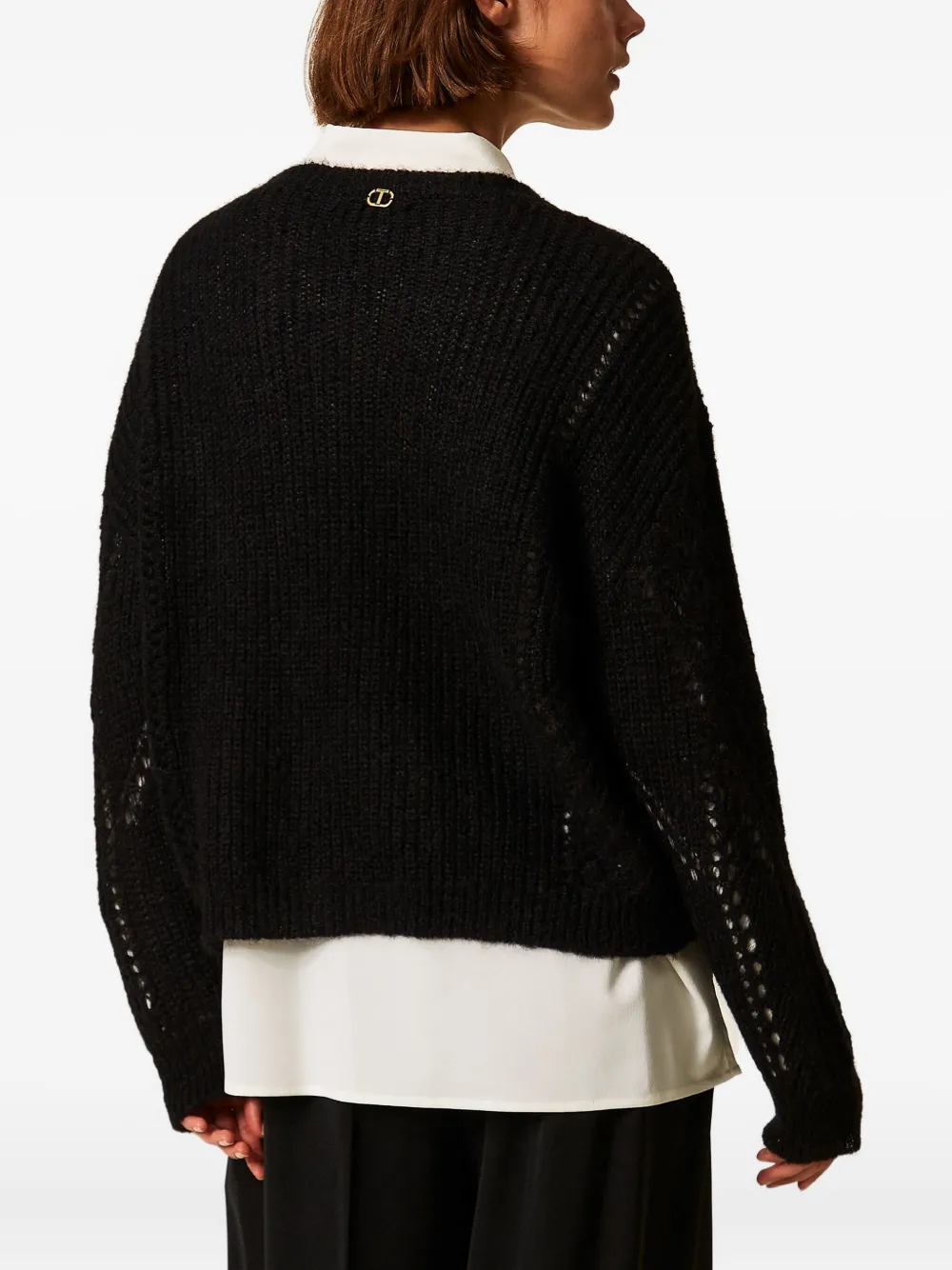 Twinset Openwork Wool-blend Sweater In Black