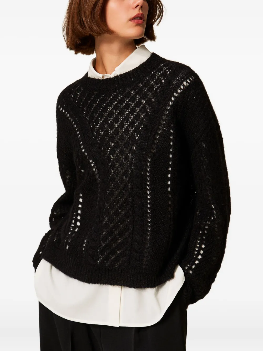 Twinset Openwork Wool-blend Sweater In Black