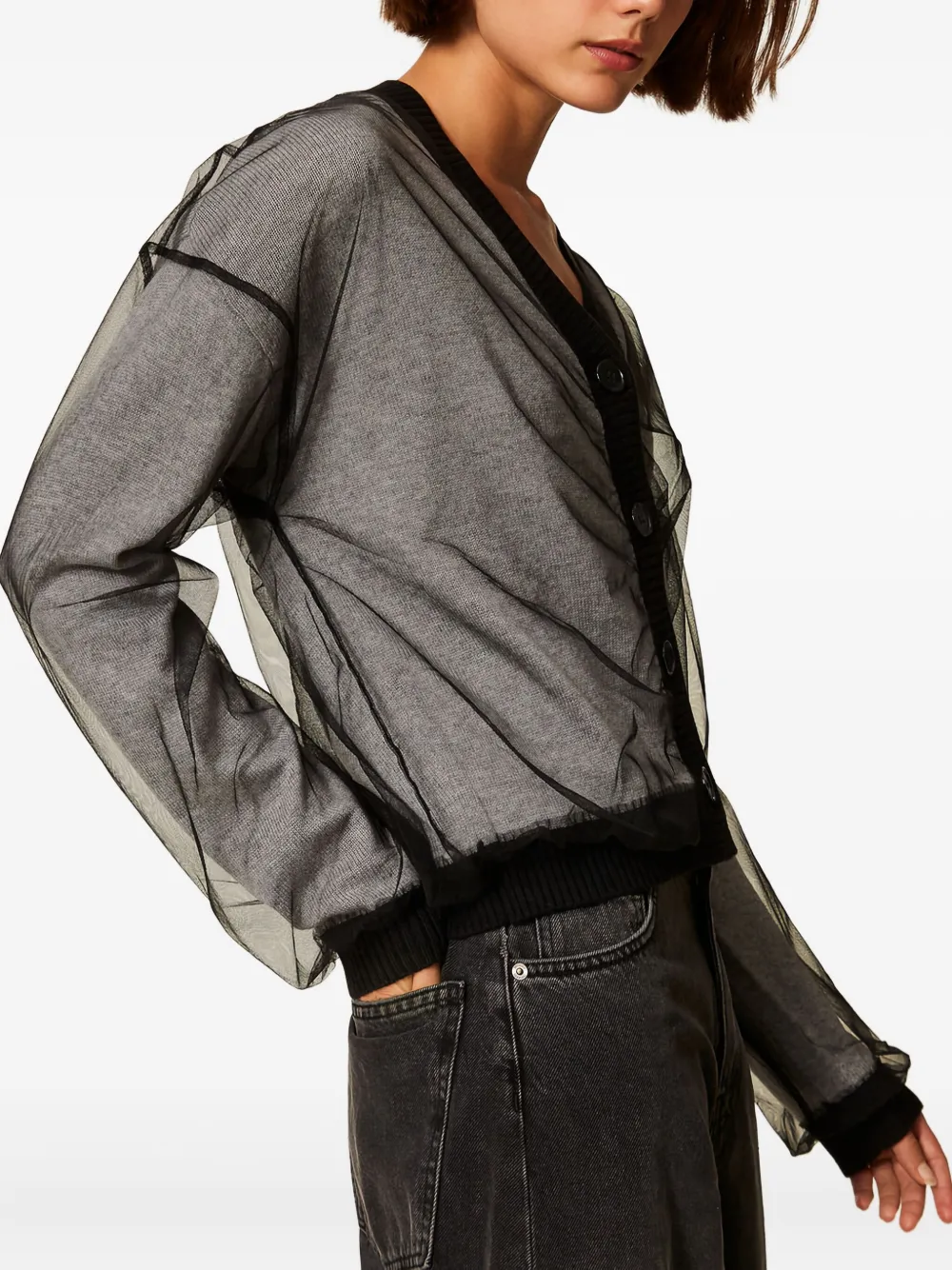 Twinset Tulle-paneled Cardigan In Gray