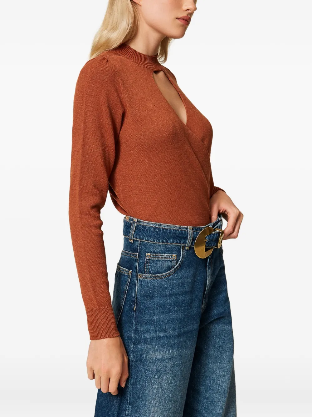 Twinset Heart-neckline Crossover Jumper In Brown