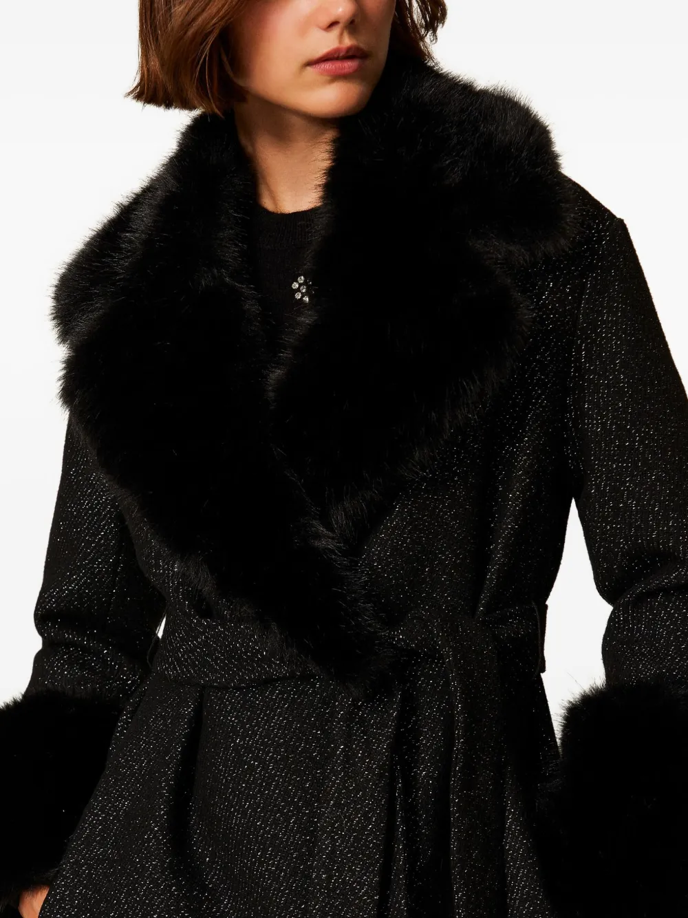 Twinset Faux-fur Trimmed Coat In Black
