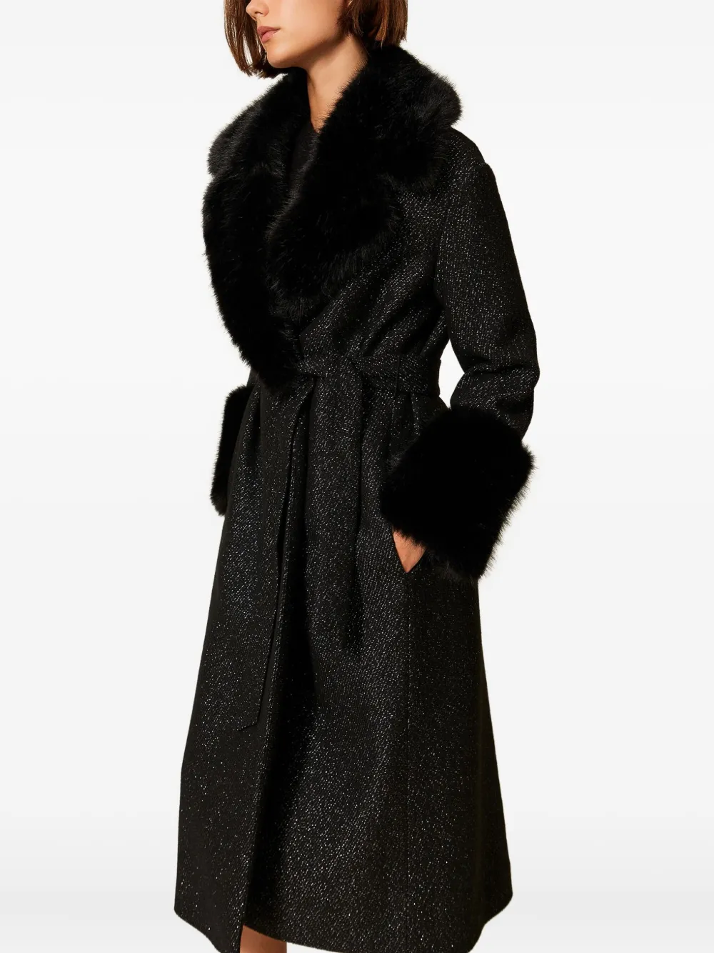 Twinset Faux-fur Trimmed Coat In Black