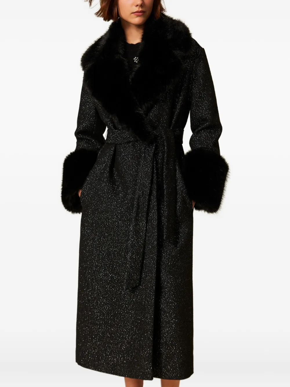 Twinset Faux-fur Trimmed Coat In Black