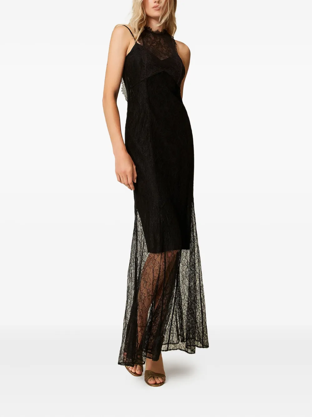 TWINSET Maxi-jurk met halternek en kant - Zwart
