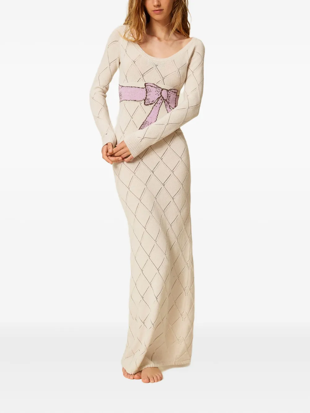 TWINSET Maxi-jurk met diamantpatroon en strik Wit