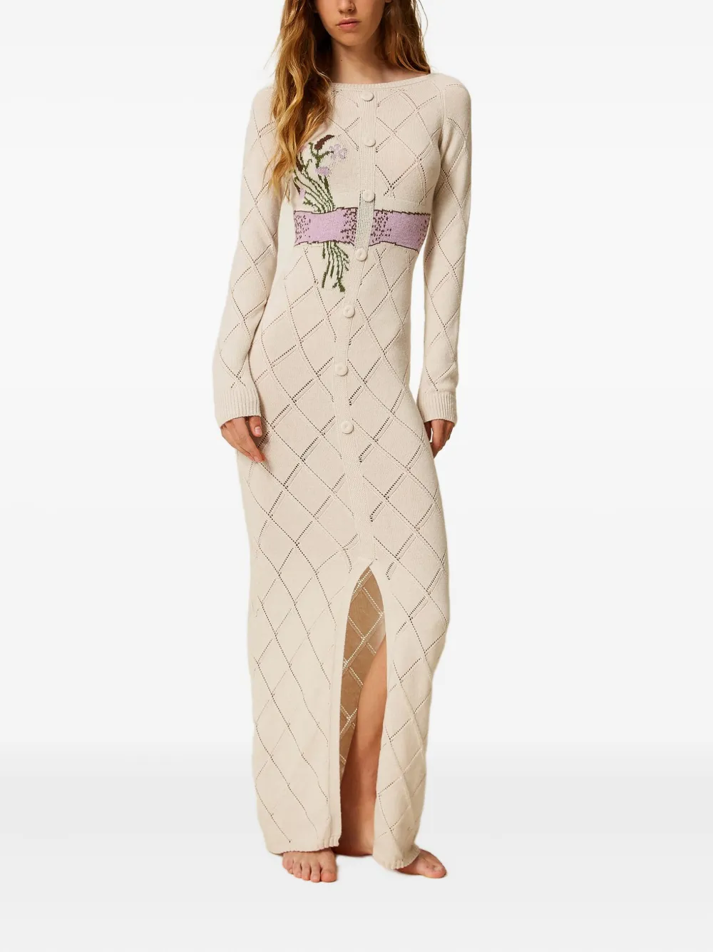 TWINSET Maxi-jurk met diamantpatroon en strik Wit