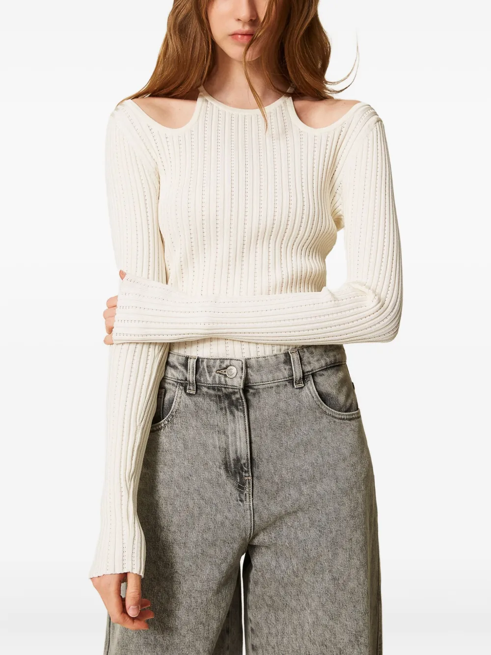 Twinset Cut-out Ribbed Sweater In White